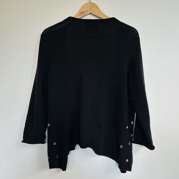 VTG April Cornell Size S Black Cardigan Pink Polka Dot Embroidery - Picture 2 of 9